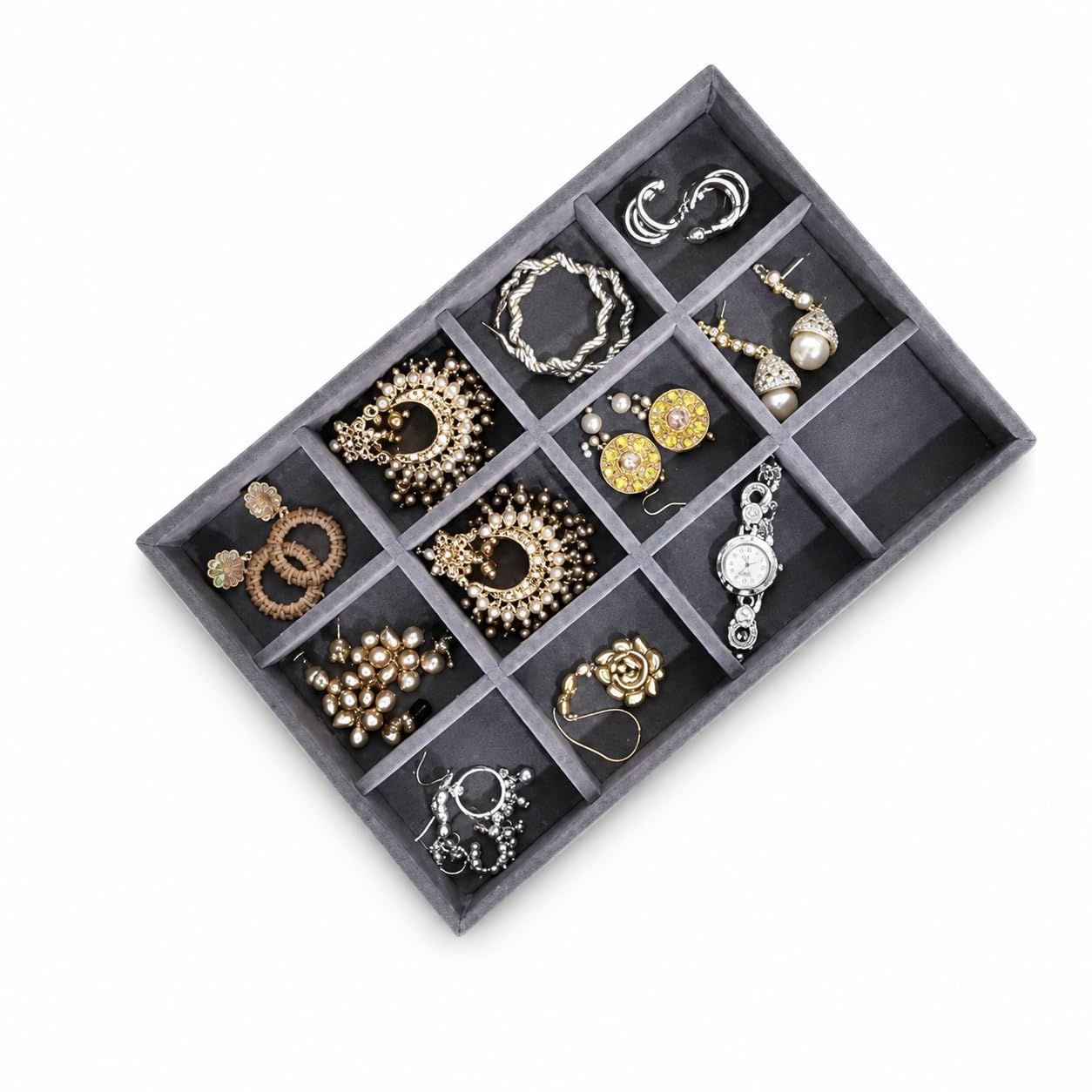 La Trove 12 Slot Velvet Jewelry Tray for Earrings, Jhumkas & Chains, Cream | Soft lined sections hold earrings, bracelets & small accessories; keeps items sorted in drawer, wardrobe & dressing table