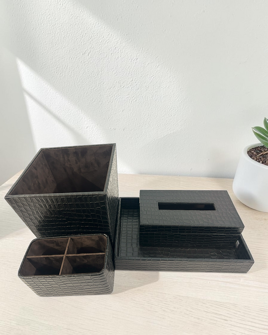 Luxury Croco Leatherite Set of 4 | Premium Tray, Tissue Box, Organiser & Dustbin for Home & Office | Premium Croco Leatherite Home & Office Décor Set