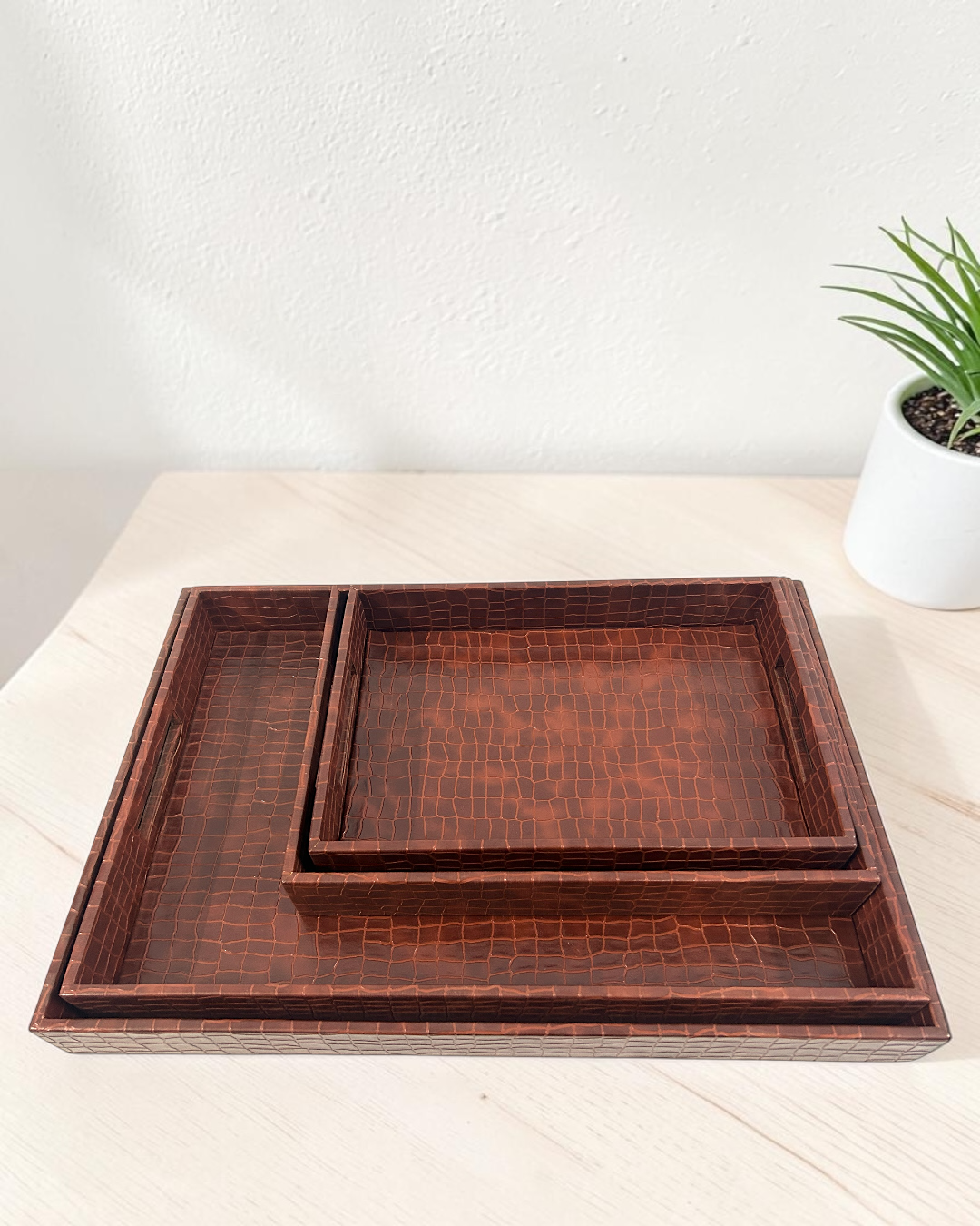 Luxury Croco Leatherite Serving Tray with Side Handles | Premium Faux Leather Decorative Tray for Home & Office