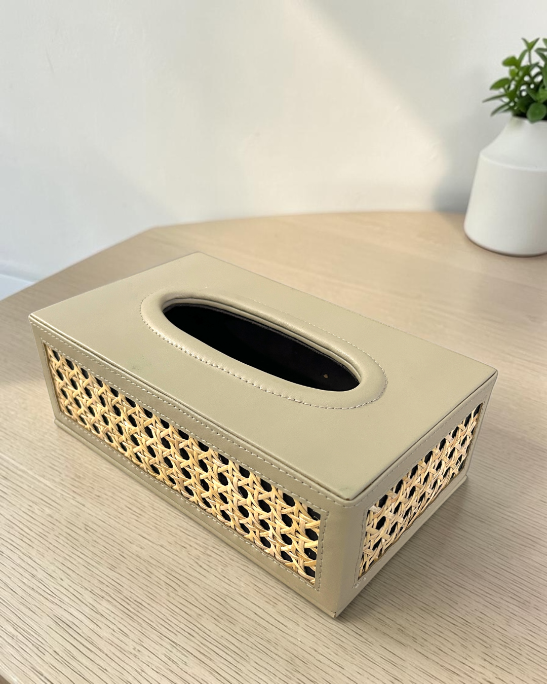 Luxury Vegan Leather Rattan Cane Tray & Tissue Box Set | Premium Home & Office Decor