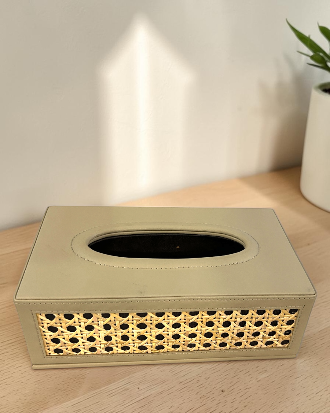 Luxury Vegan Leather Rattan Cane Tray & Tissue Box Set | Premium Home & Office Decor