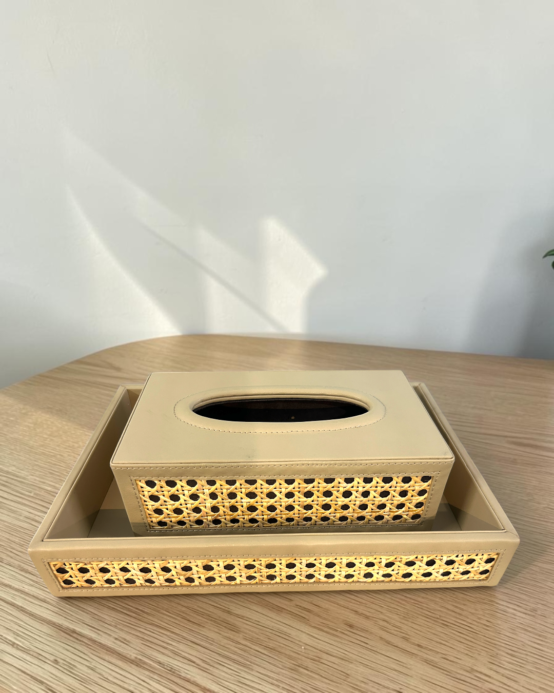 Luxury Vegan Leather Rattan Cane Tray & Tissue Box Set | Premium Home & Office Decor