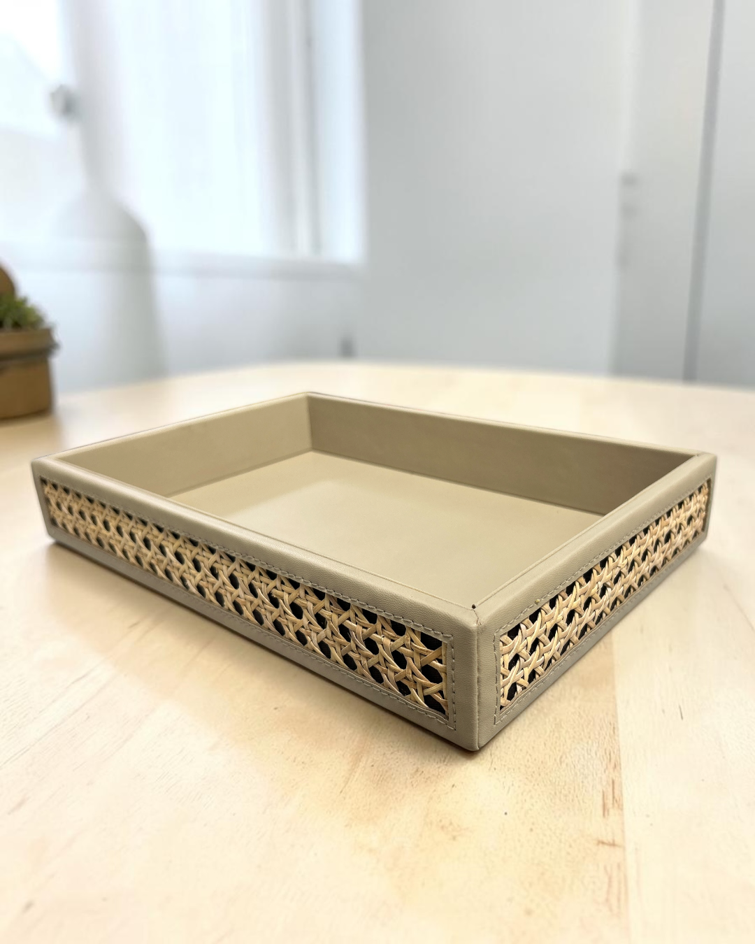 Luxury Vegan Leather & Natural Rattan Cane Tray – Premium Handmade Serving & Organizer Tray (Four-Side Cane Design)