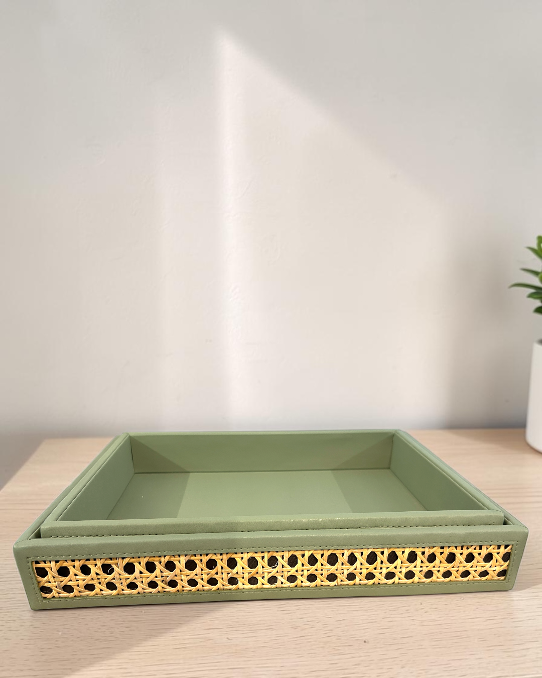 Premium Vegan Leather Rattan Cane Serving Tray | Handwoven Four-Side Cane Decorative Organizer Tray for Home, Office & Coffee Table