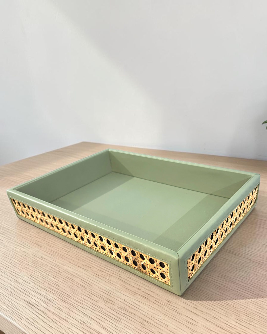 Luxury Vegan Leather Rattan Cane Tray & Tissue Box Set | Premium Home & Office Decor
