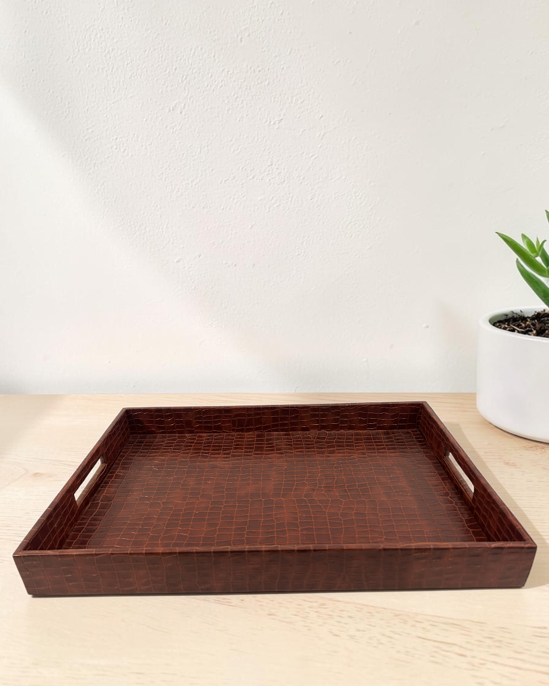 Luxury Croco Leatherite Serving Tray with Side Handles | Premium Faux Leather Decorative Tray for Home & Office