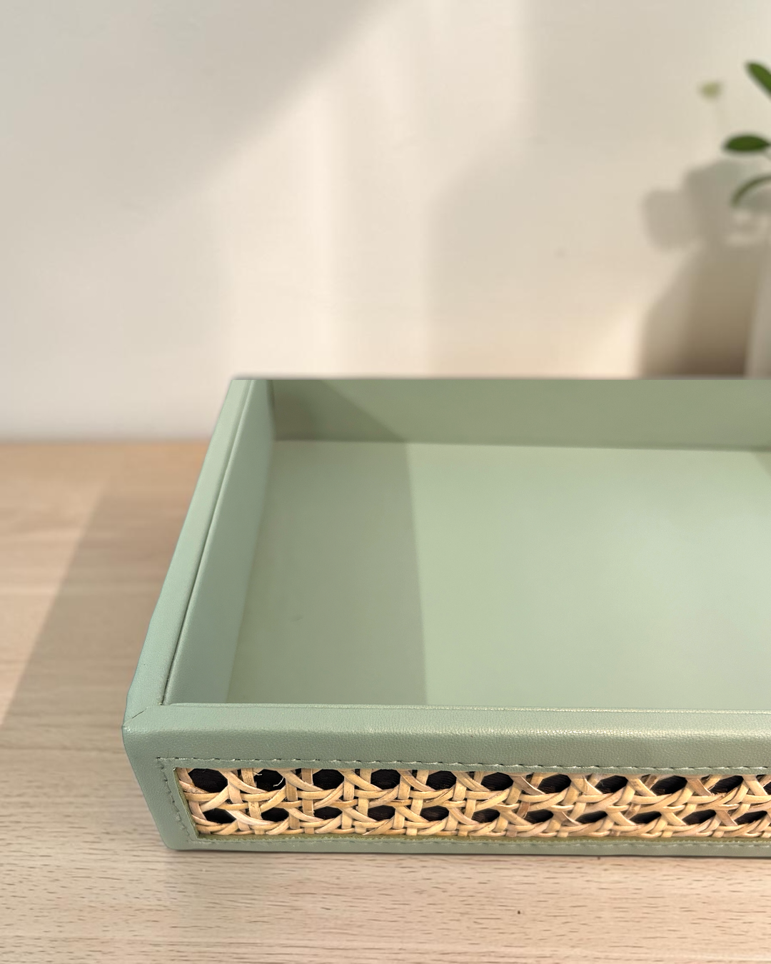 Premium Vegan Leather Rattan Cane Serving Tray | Handwoven Four-Side Cane Decorative Organizer Tray for Home, Office & Coffee Table