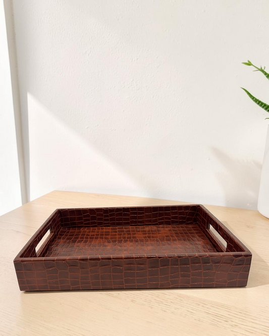 Luxury Croco Leatherite Serving Tray with Side Handles | Premium Faux Leather Decorative Tray for Home & Office