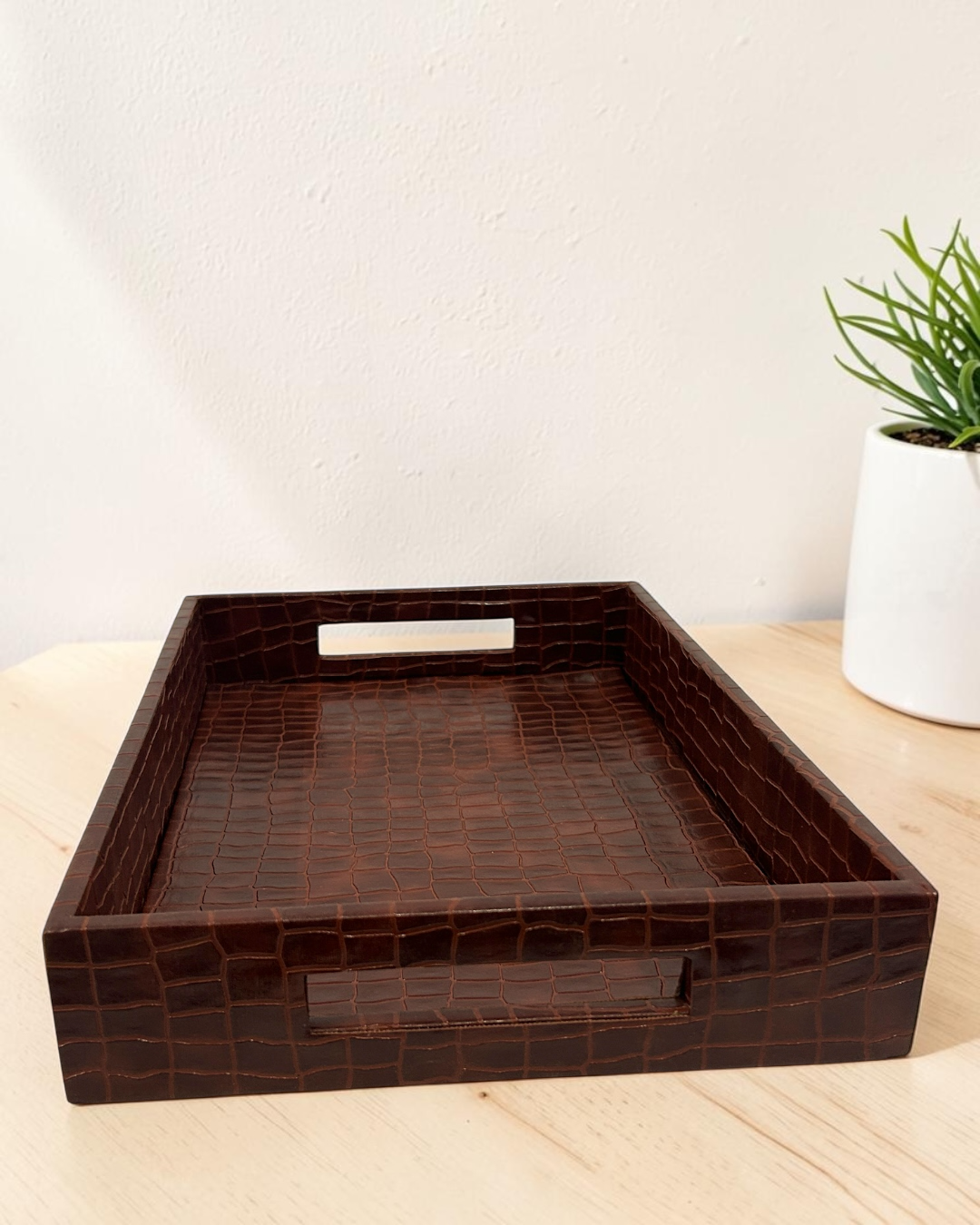 Luxury Croco Leatherite Serving Tray with Side Handles | Premium Faux Leather Decorative Tray for Home & Office