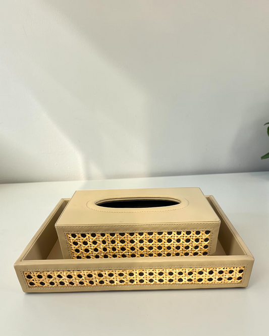 Luxury Vegan Leather Rattan Cane Tray & Tissue Box Set | Premium Home & Office Decor