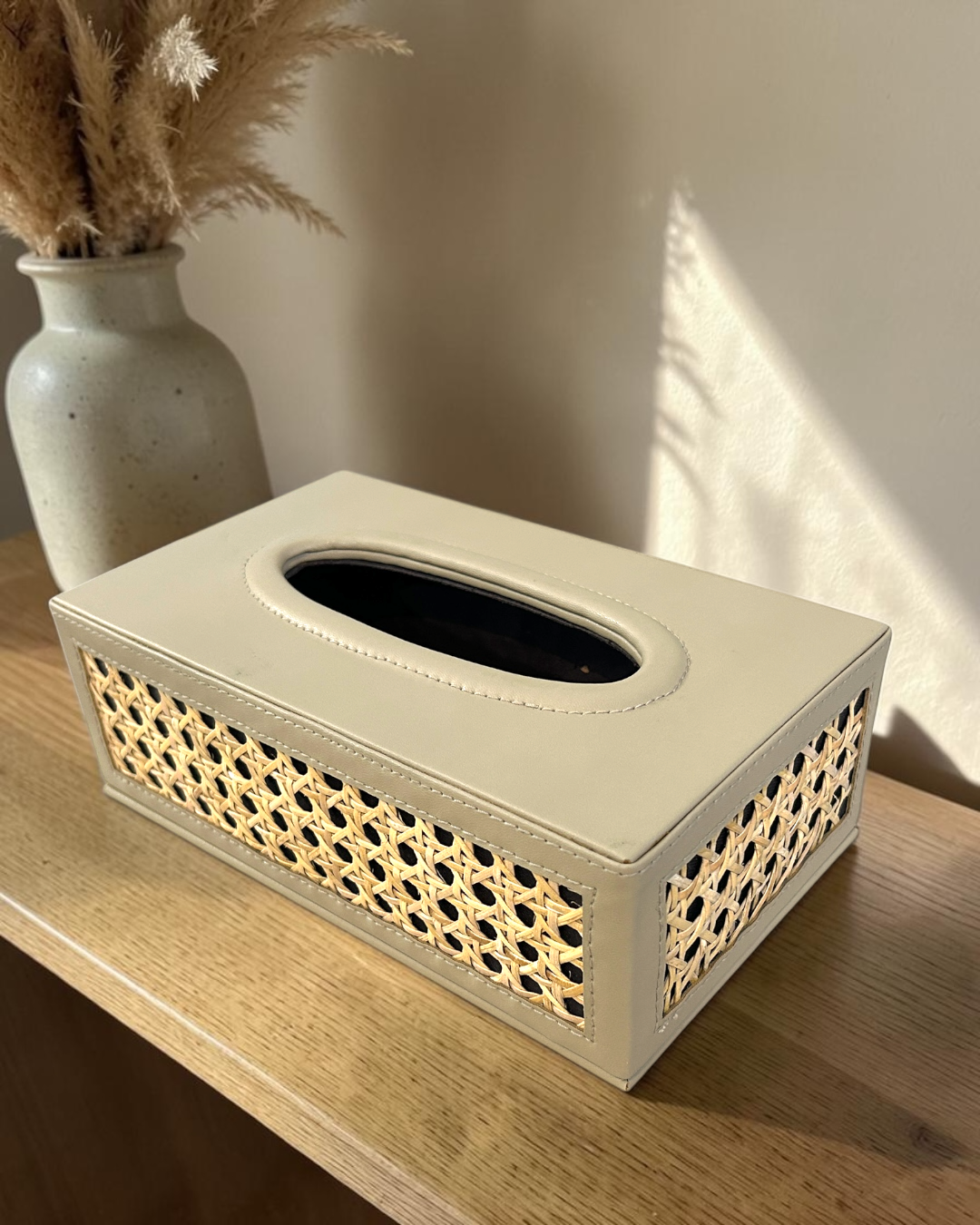 Luxury Natural Rattan Cane Tissue Box – Premium Vegan Leather & Suede Tissue Organizer for Home & Office | Luxury Rattan Cane Tissue Box Holder | Vegan Leather Tissue Organizer