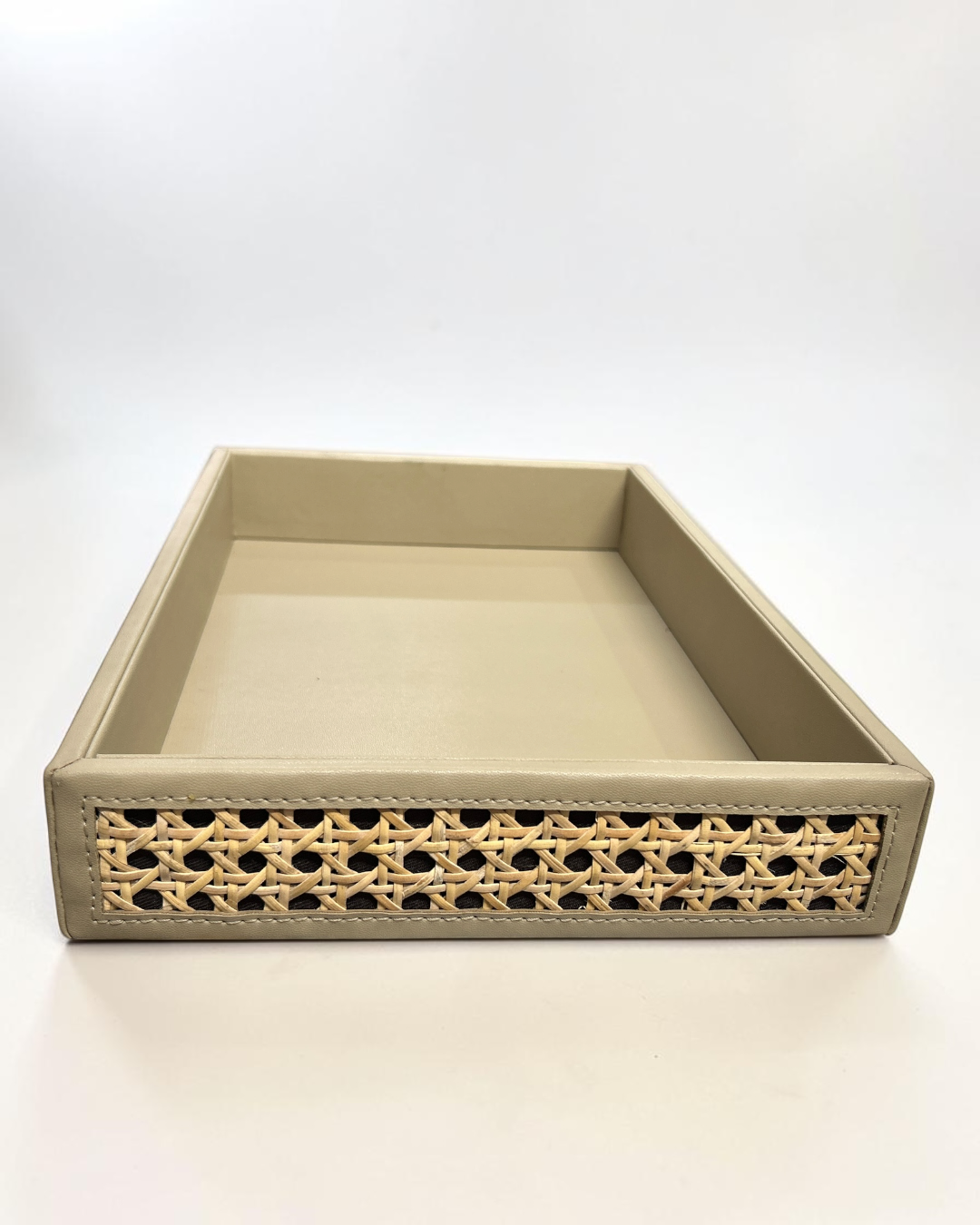 Luxury Vegan Leather & Natural Rattan Cane Tray – Premium Handmade Serving & Organizer Tray (Four-Side Cane Design)