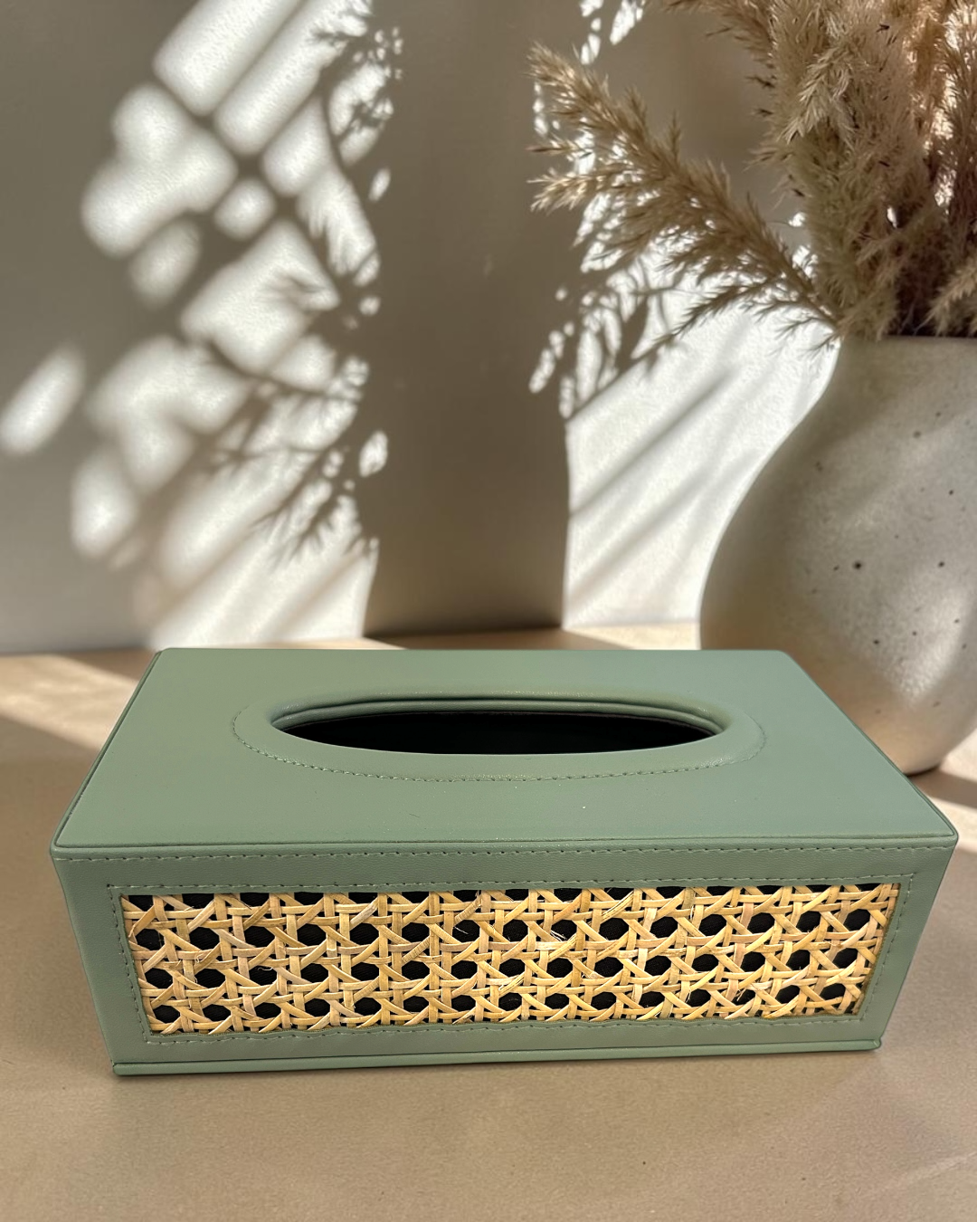 Luxury Natural Rattan Cane Tissue Box  – Premium Vegan Leather Tissue Box with Suede Interior for Home & Office Décor | Luxury Rattan Cane Tissue Box Holder | Vegan Leather Tissue Organizer for Home & Office
