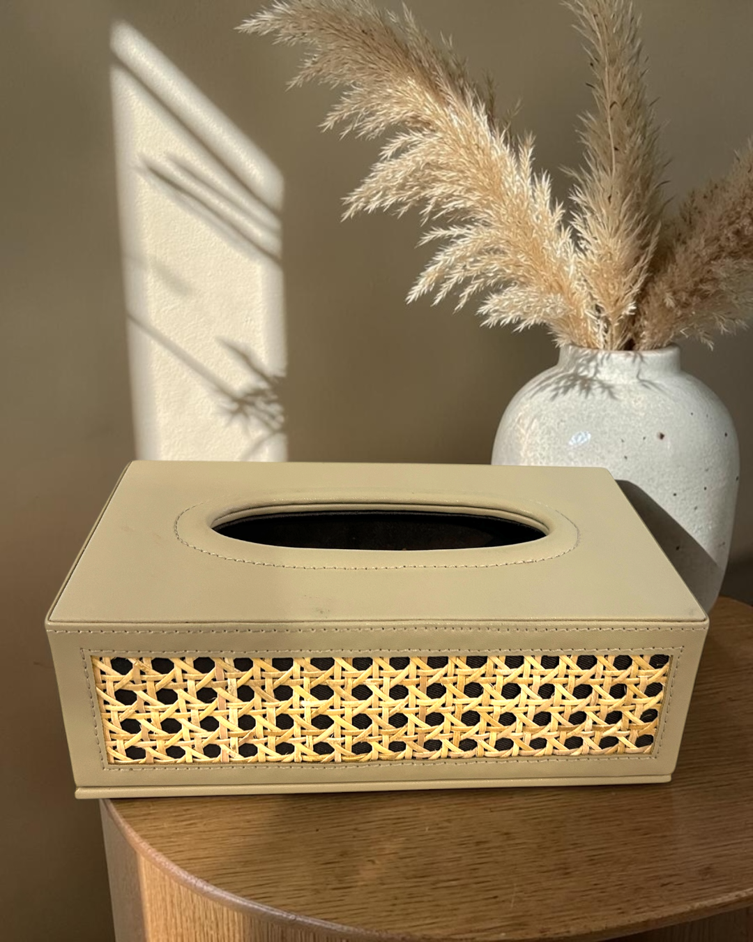 Luxury Natural Rattan Cane Tissue Box  – Premium Vegan Leather Tissue Box with Suede Interior for Home & Office Décor | Luxury Rattan Cane Tissue Box Holder | Vegan Leather Tissue Organizer for Home & Office