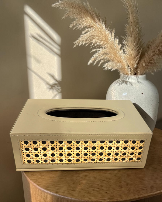 Luxury Natural Rattan Cane Tissue Box – Premium Vegan Leather & Suede Tissue Organizer for Home & Office | Luxury Rattan Cane Tissue Box Holder | Vegan Leather Tissue Organizer