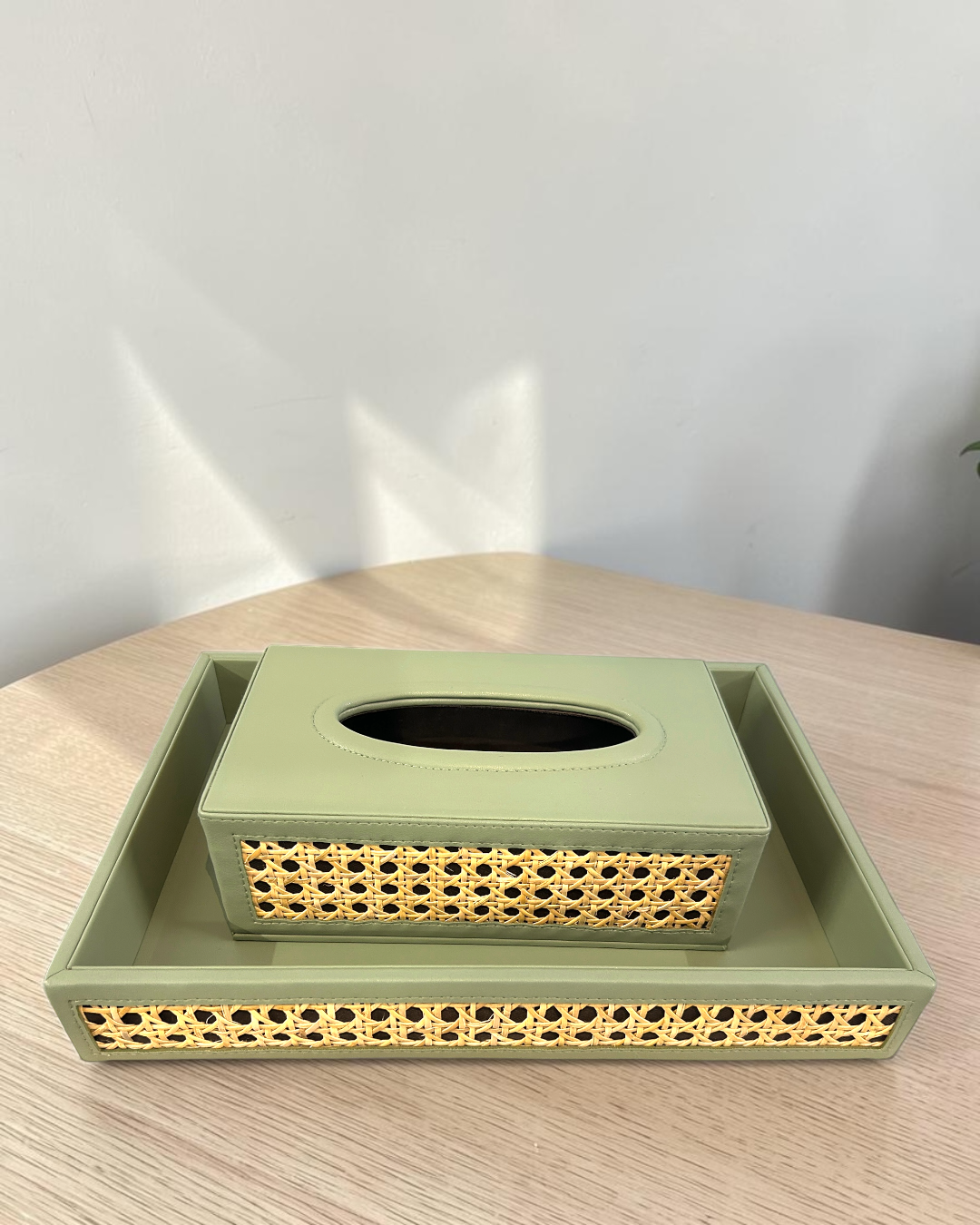 Luxury Vegan Leather Rattan Cane Tray & Tissue Box Set | Premium Home & Office Decor