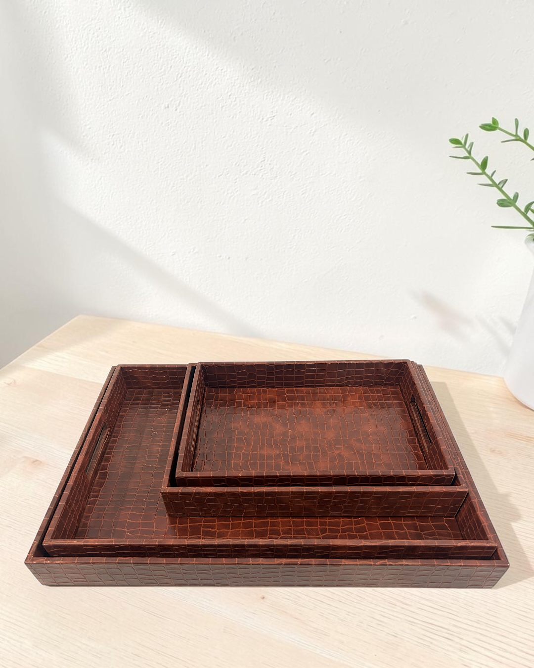 Luxury Croco Leatherite Serving Tray with Side Handles | Premium Faux Leather Decorative Tray for Home & Office