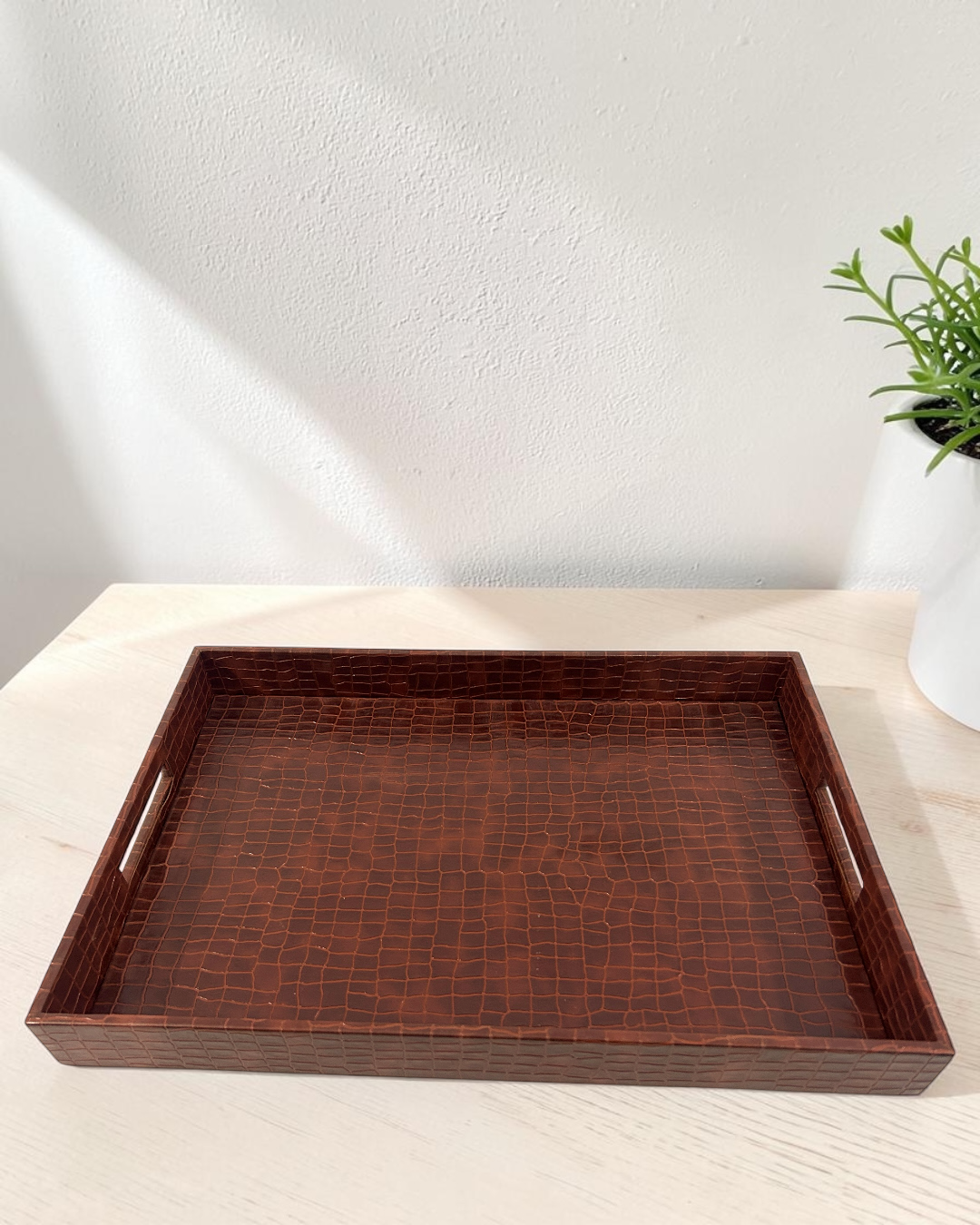 Luxury Croco Leatherite Serving Tray with Side Handles | Premium Faux Leather Decorative Tray for Home & Office
