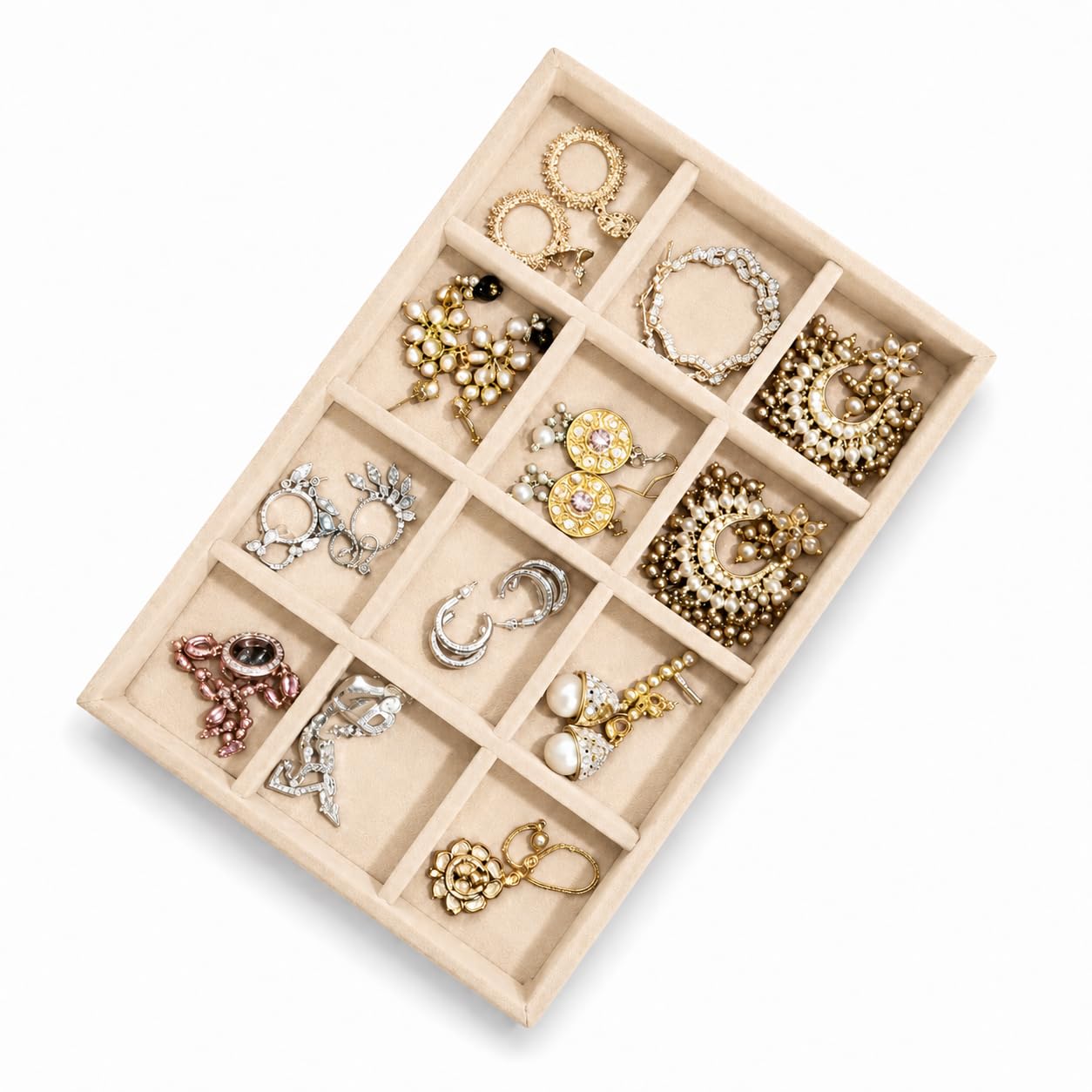 La Trove 12 Slot Velvet Jewelry Tray for Earrings, Jhumkas & Chains, Cream | Soft lined sections hold earrings, bracelets & small accessories; keeps items sorted in drawer, wardrobe & dressing table