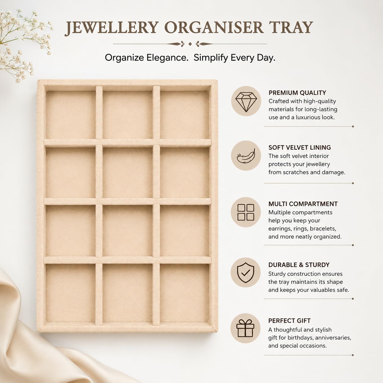 La Trove 12 Slot Velvet Jewelry Tray for Earrings, Jhumkas & Chains, Cream | Soft lined sections hold earrings, bracelets & small accessories; keeps items sorted in drawer, wardrobe & dressing table