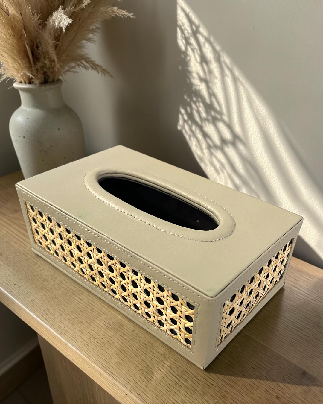 Luxury Natural Rattan Cane Tissue Box  – Premium Vegan Leather Tissue Box with Suede Interior for Home & Office Décor | Luxury Rattan Cane Tissue Box Holder | Vegan Leather Tissue Organizer for Home & Office