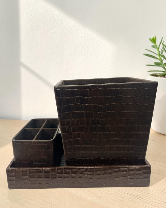 Luxury Croco Leatherite Set of 3 | Premium Tray, Organiser & Dustbin for Home & Office | Luxury Croco Leatherite Set of 3 for Home & Office Décor
