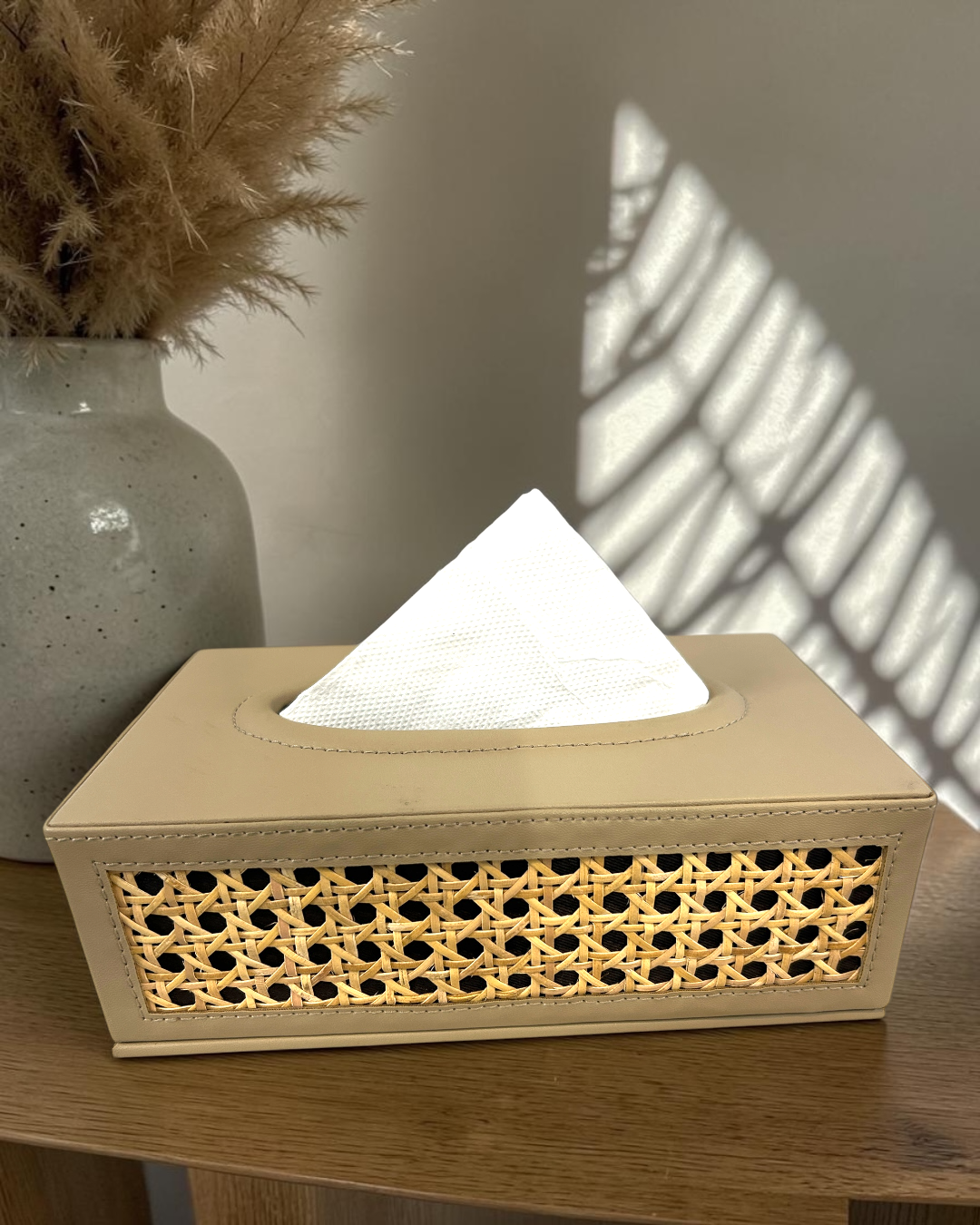 Luxury Natural Rattan Cane Tissue Box  – Premium Vegan Leather Tissue Box with Suede Interior for Home & Office Décor | Luxury Rattan Cane Tissue Box Holder | Vegan Leather Tissue Organizer for Home & Office