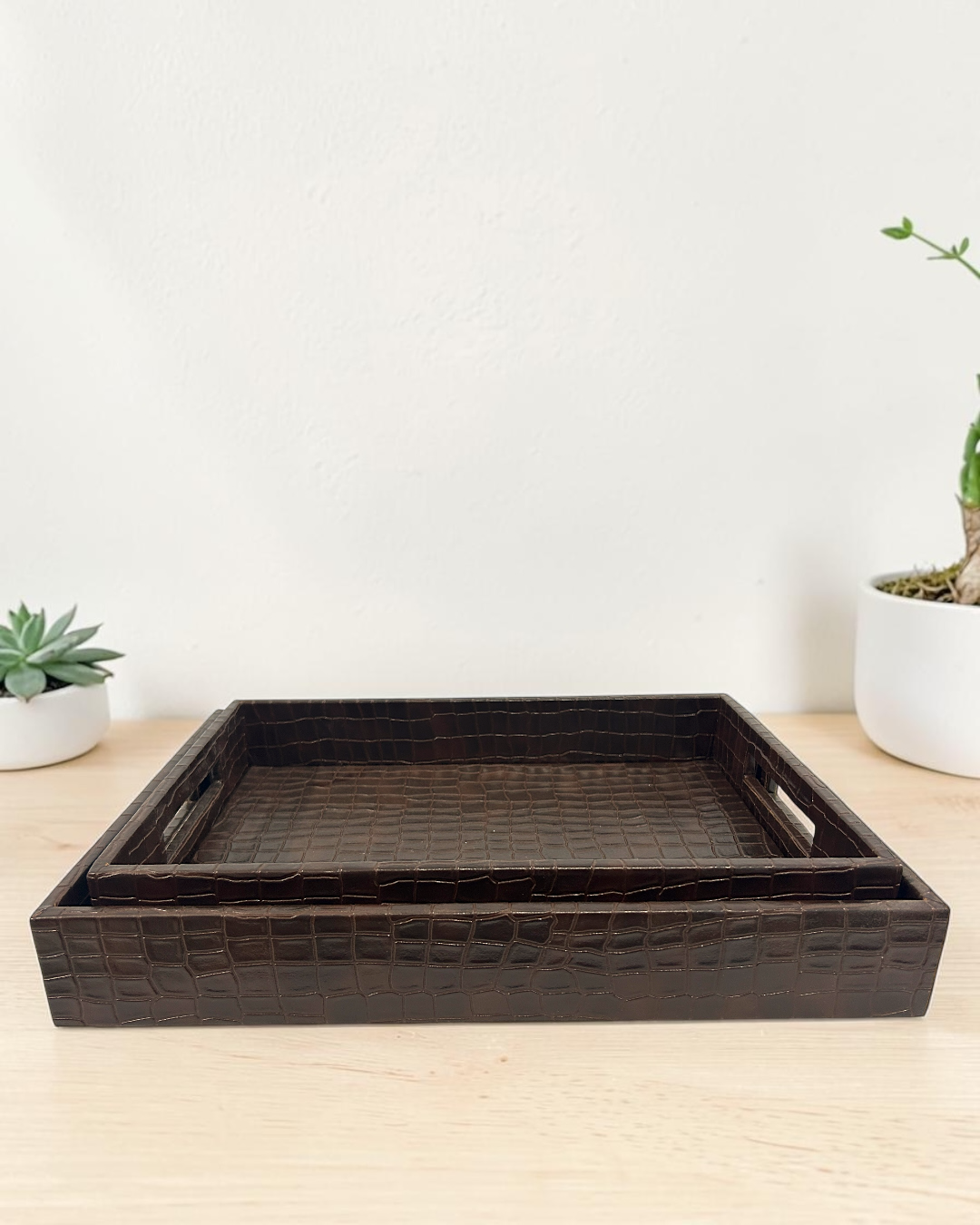 Premium Croco Leatherite Serving Tray with Side Handles | Premium Faux Leather Decorative Tray for Home & Office
