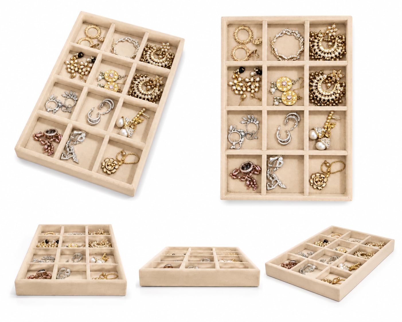 La Trove 12 Slot Velvet Jewelry Tray for Earrings, Jhumkas & Chains, Cream | Soft lined sections hold earrings, bracelets & small accessories; keeps items sorted in drawer, wardrobe & dressing table
