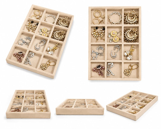 La Trove 12 Slot Velvet Jewelry Tray for Earrings, Jhumkas & Chains, Cream | Soft lined sections hold earrings, bracelets & small accessories; keeps items sorted in drawer, wardrobe & dressing table