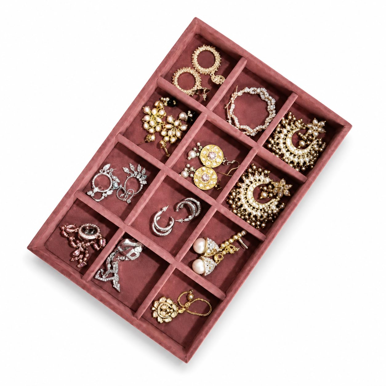La Trove 12 Slot Velvet Jewelry Tray for Earrings, Jhumkas & Chains, Cream | Soft lined sections hold earrings, bracelets & small accessories; keeps items sorted in drawer, wardrobe & dressing table