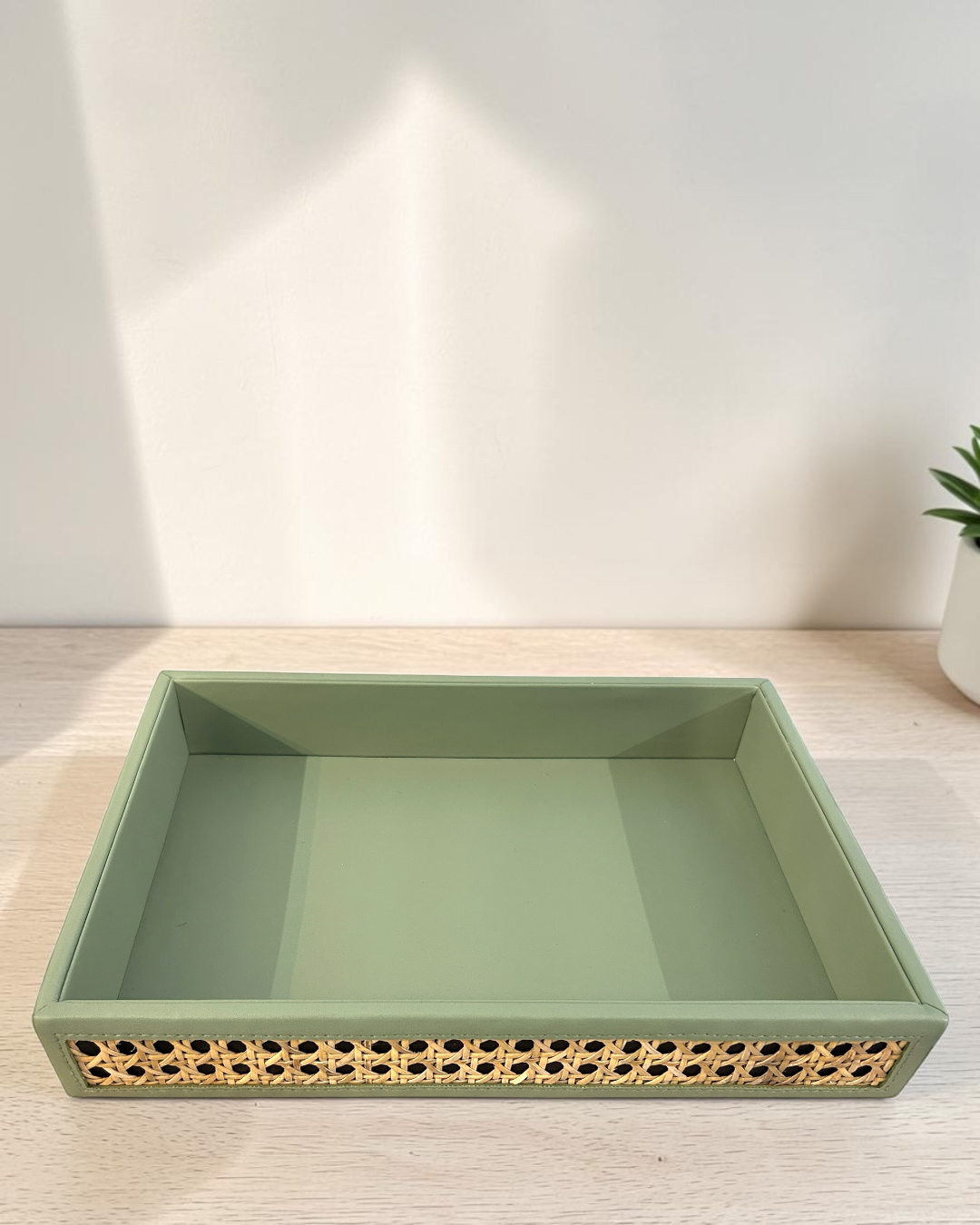 Premium Vegan Leather Rattan Cane Serving Tray | Handwoven Four-Side Cane Decorative Organizer Tray for Home, Office & Coffee Table