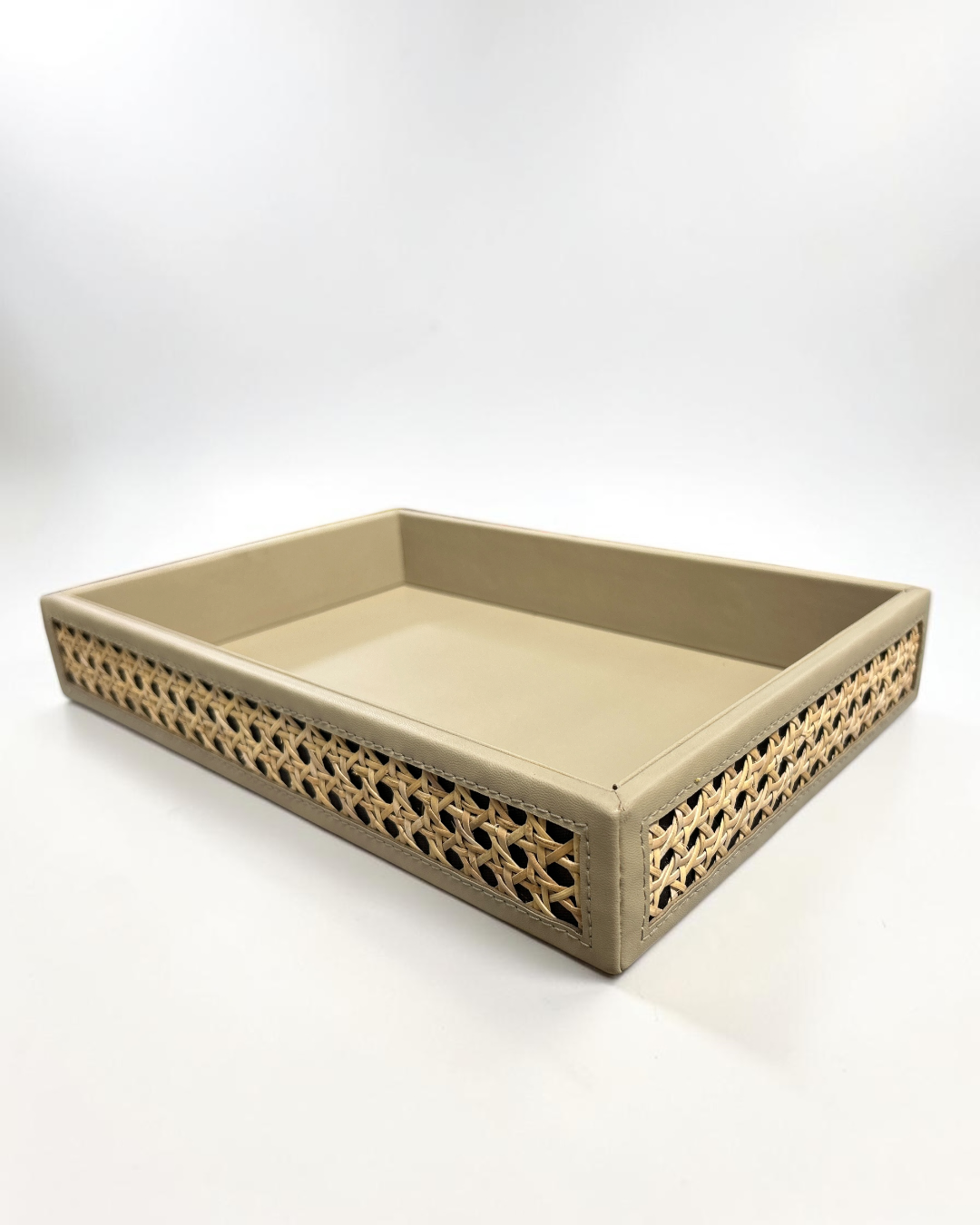 Luxury Vegan Leather & Natural Rattan Cane Tray – Premium Handmade Serving & Organizer Tray (Four-Side Cane Design)