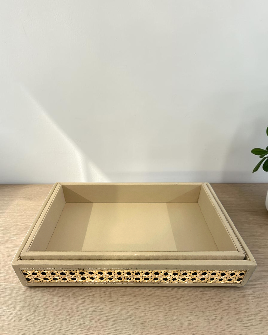 Luxury Vegan Leather & Natural Rattan Cane Tray – Premium Handmade Serving & Organizer Tray (Four-Side Cane Design)