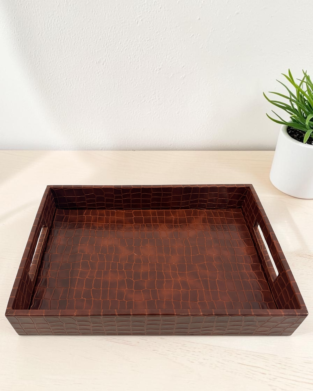 Luxury Croco Leatherite Serving Tray with Side Handles | Premium Faux Leather Decorative Tray for Home & Office