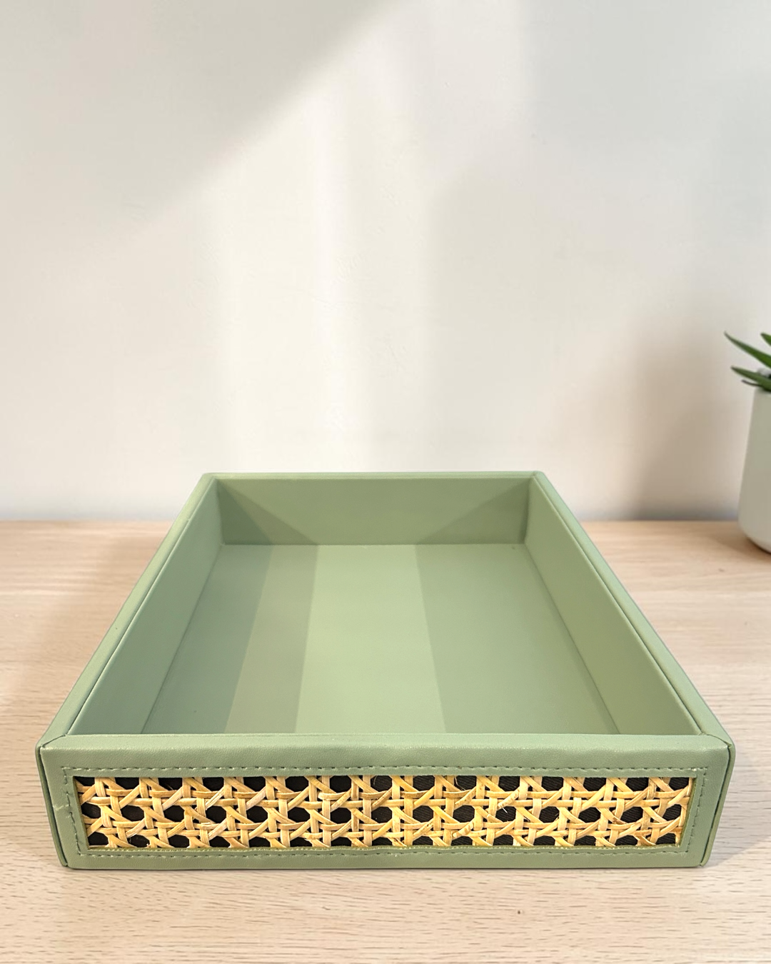 Premium Vegan Leather Rattan Cane Serving Tray | Handwoven Four-Side Cane Decorative Organizer Tray for Home, Office & Coffee Table
