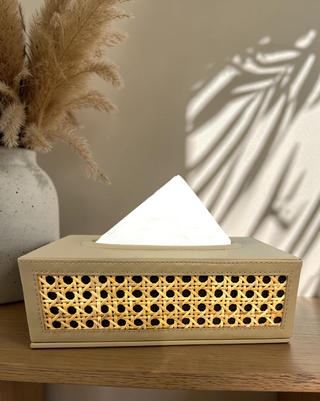 Luxury Natural Rattan Cane Tissue Box – Premium Vegan Leather & Suede Tissue Organizer for Home & Office | Luxury Rattan Cane Tissue Box Holder | Vegan Leather Tissue Organizer