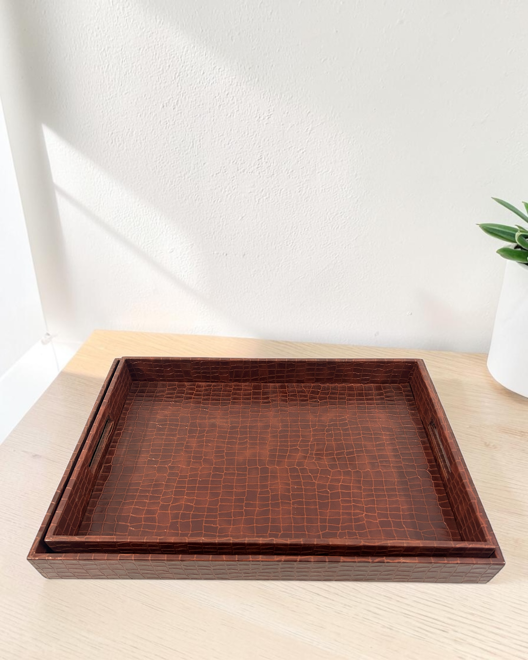 Luxury Croco Leatherite Serving Tray with Side Handles | Premium Faux Leather Decorative Tray for Home & Office