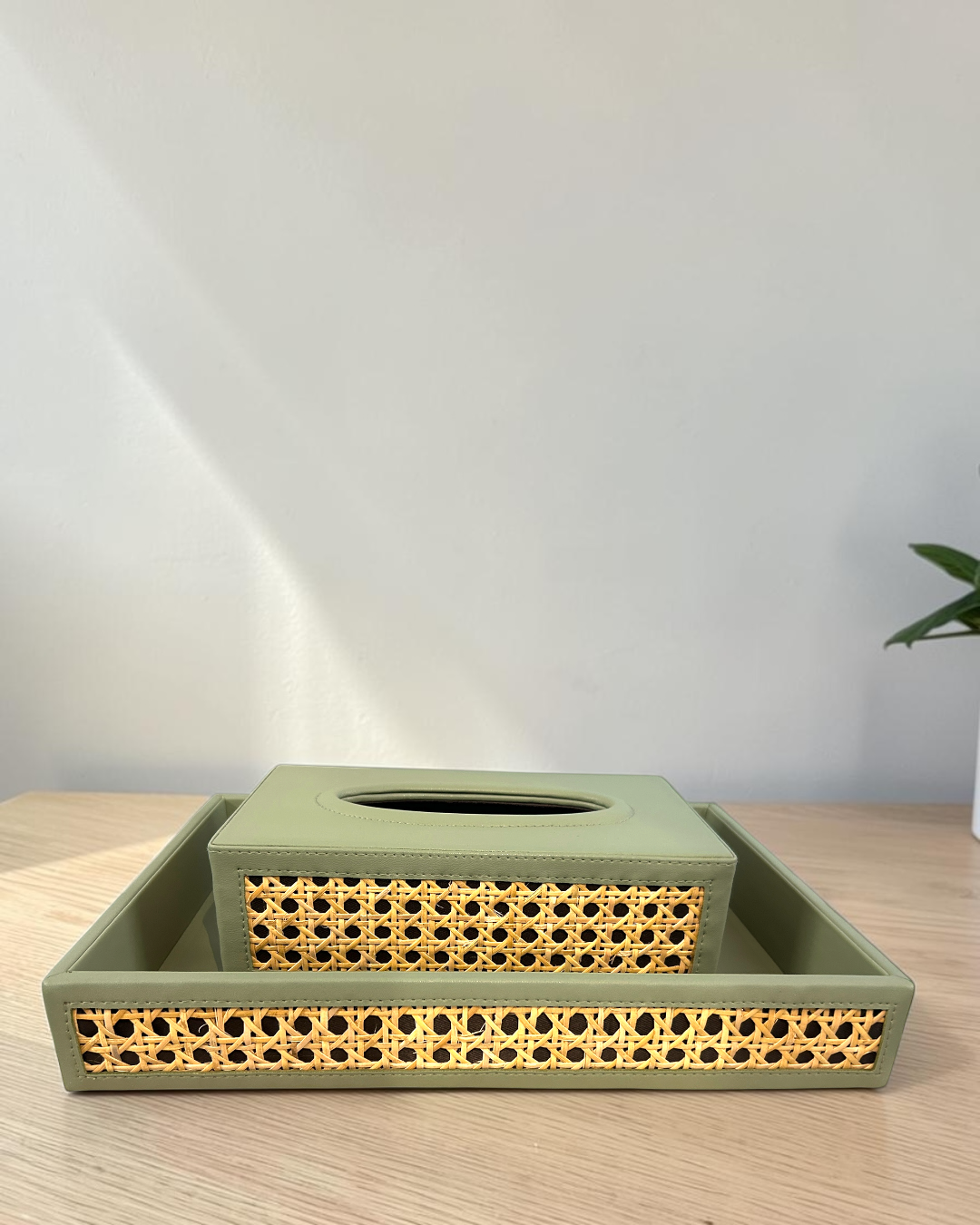 Luxury Vegan Leather Rattan Cane Tray & Tissue Box Set | Premium Home & Office Decor