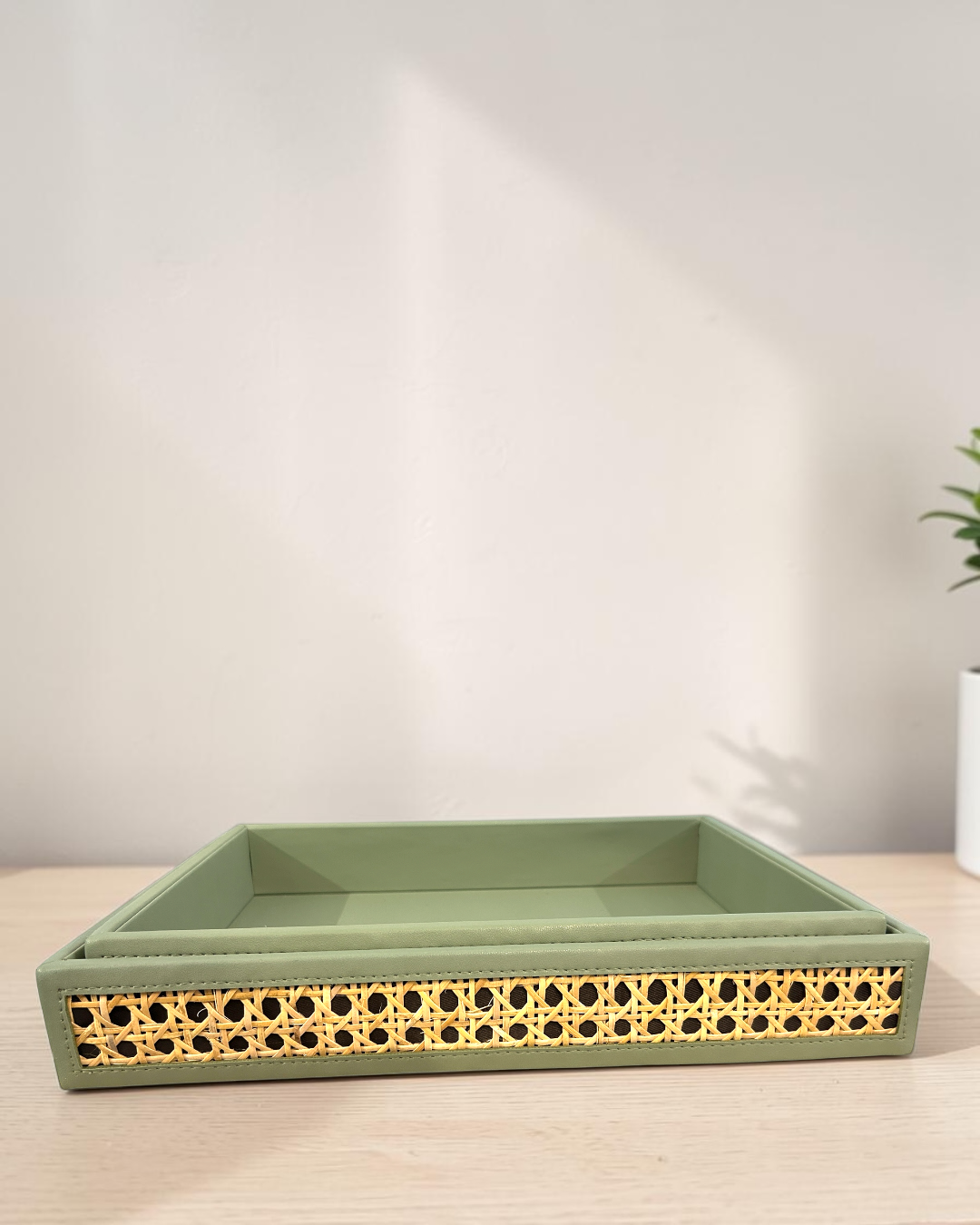 Luxury Vegan Leather Rattan Cane Tray & Tissue Box Set | Premium Home & Office Decor