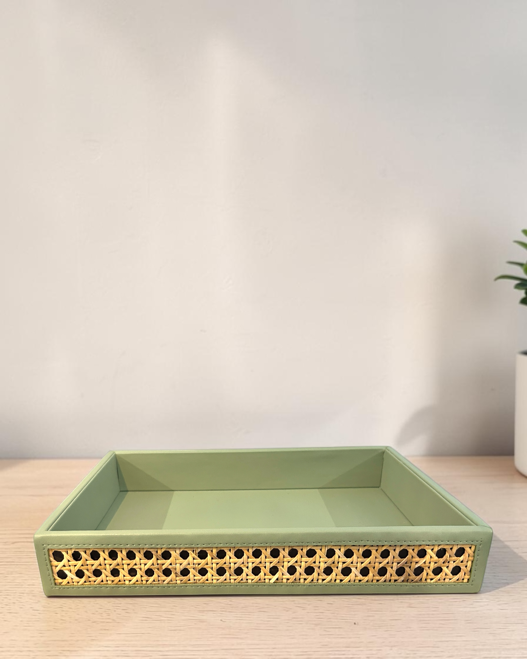 Premium Vegan Leather Rattan Cane Serving Tray | Handwoven Four-Side Cane Decorative Organizer Tray for Home, Office & Coffee Table