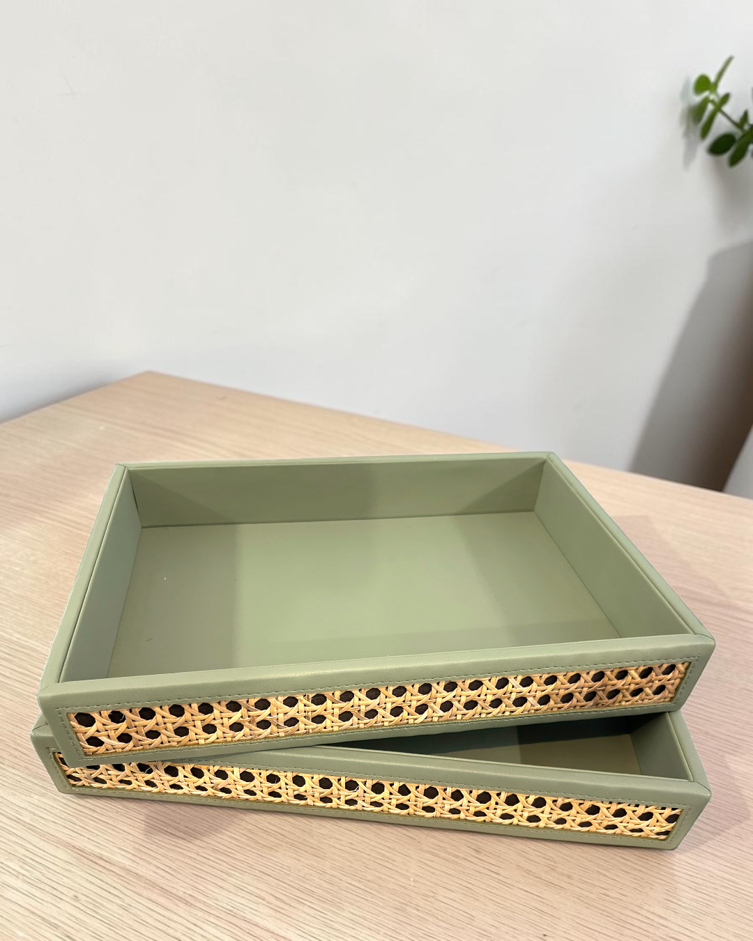 Luxury Vegan Leather Rattan Cane Tray & Tissue Box Set | Premium Home & Office Decor