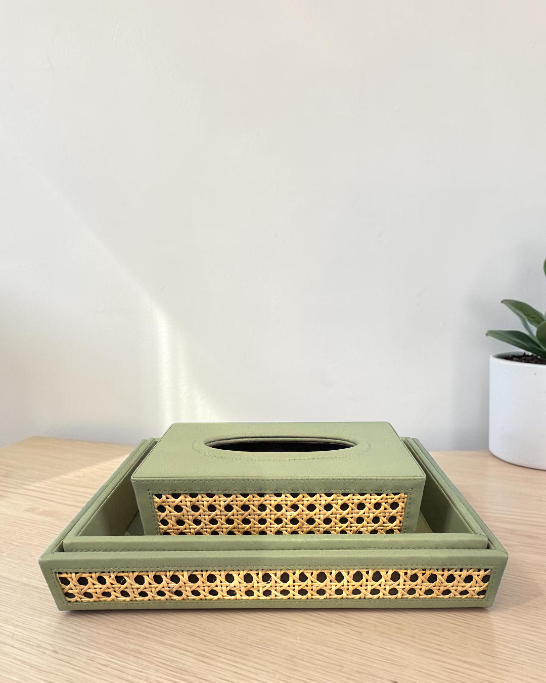 Luxury Vegan Leather Rattan Cane Tray & Tissue Box Set | Premium Home & Office Decor