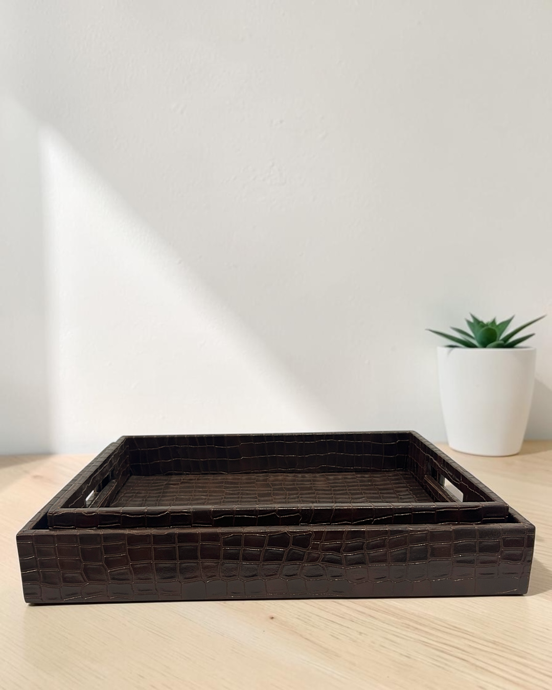 Premium Croco Leatherite Serving Tray with Side Handles | Premium Faux Leather Decorative Tray for Home & Office