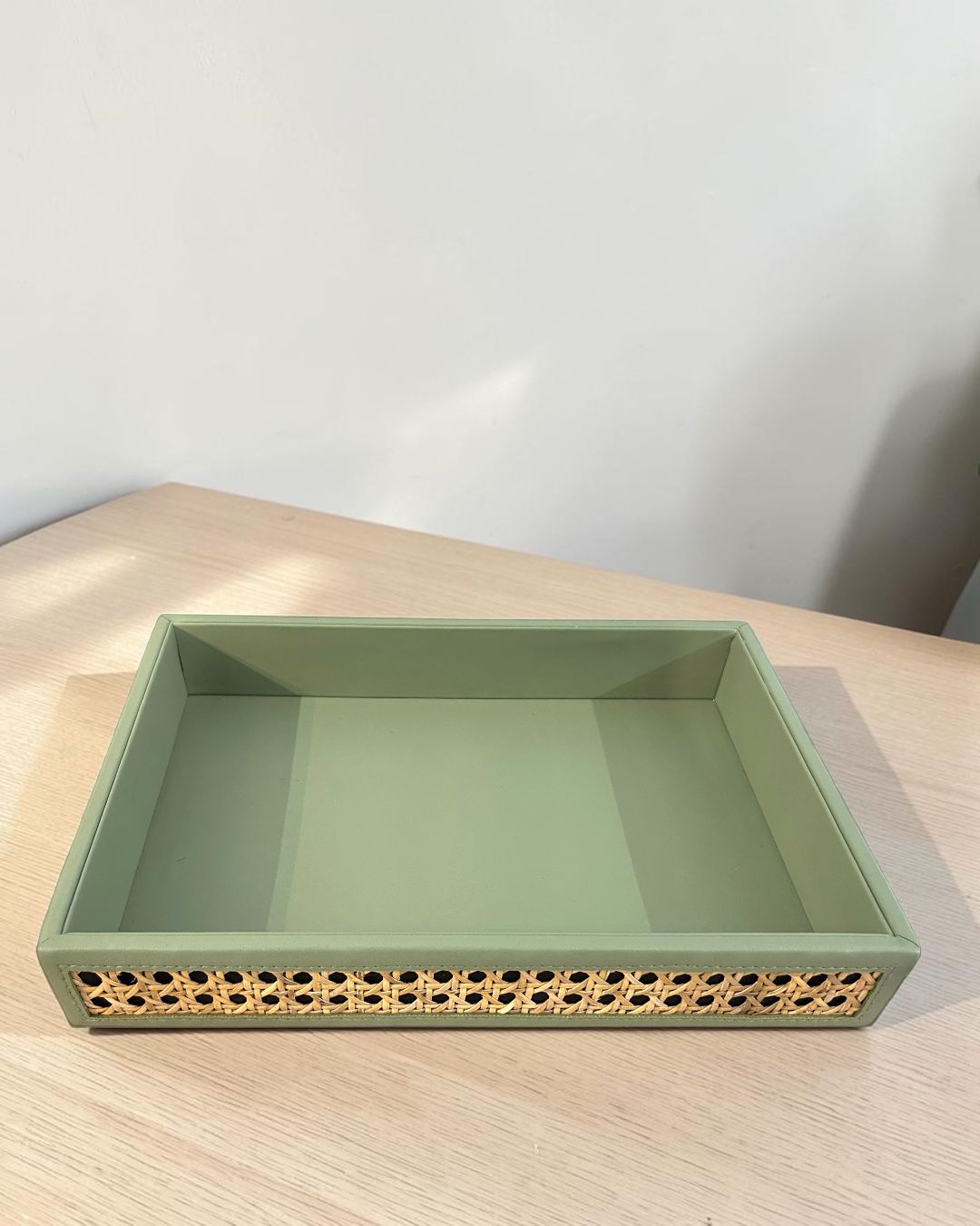 Premium Vegan Leather Rattan Cane  Tray | Decorative Home & Office Organizer | 4-Sided Natural Rattan Cane Tray |