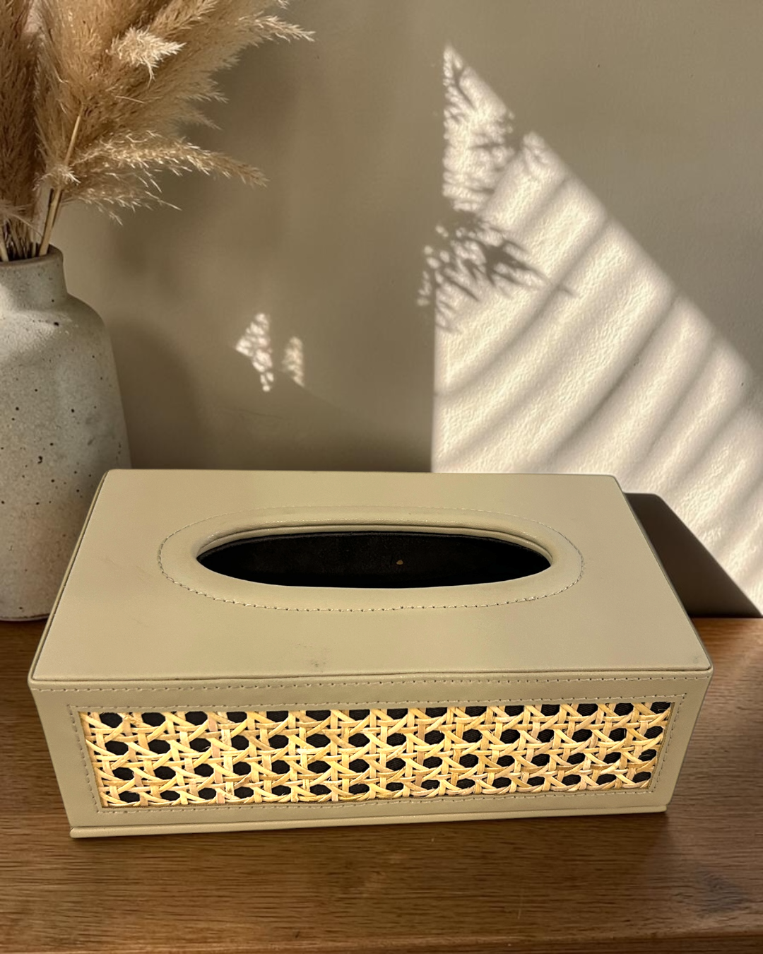 Luxury Natural Rattan Cane Tissue Box  – Premium Vegan Leather Tissue Box with Suede Interior for Home & Office Décor | Luxury Rattan Cane Tissue Box Holder | Vegan Leather Tissue Organizer for Home & Office