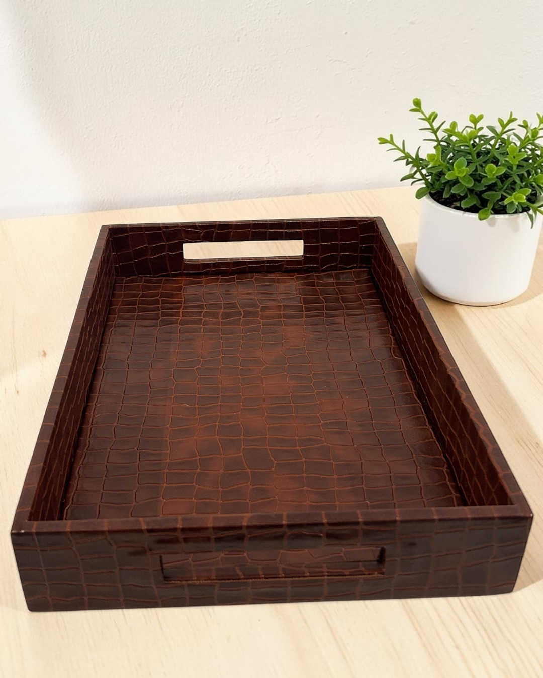 Luxury Croco Leatherite Serving Tray with Side Handles | Premium Faux Leather Decorative Tray for Home & Office