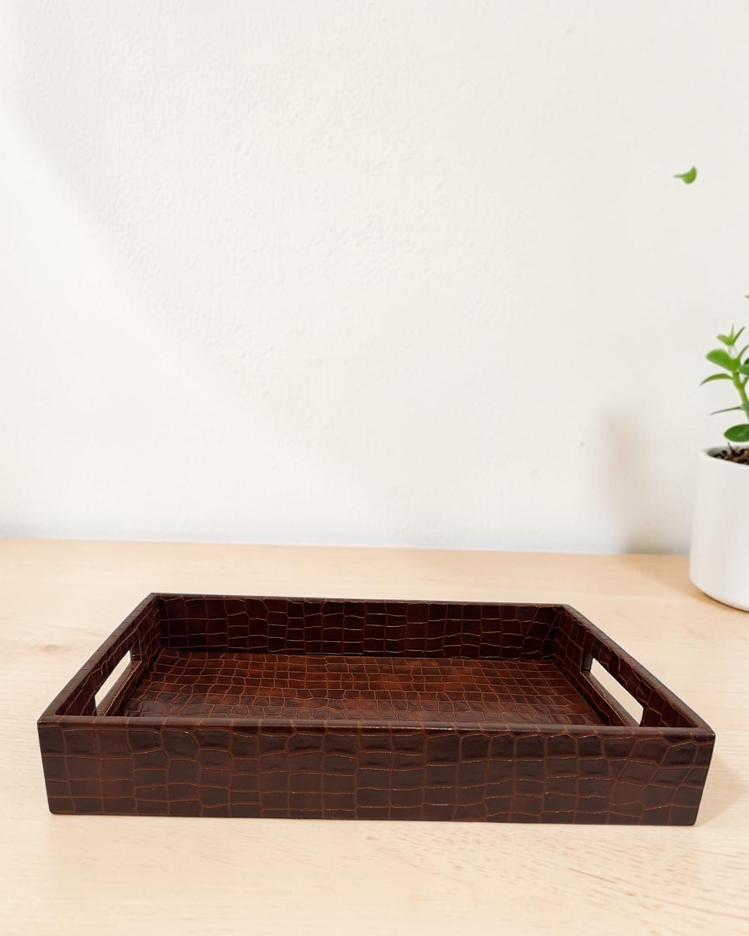 Luxury Croco Leatherite Serving Tray with Side Handles | Premium Faux Leather Decorative Tray for Home & Office