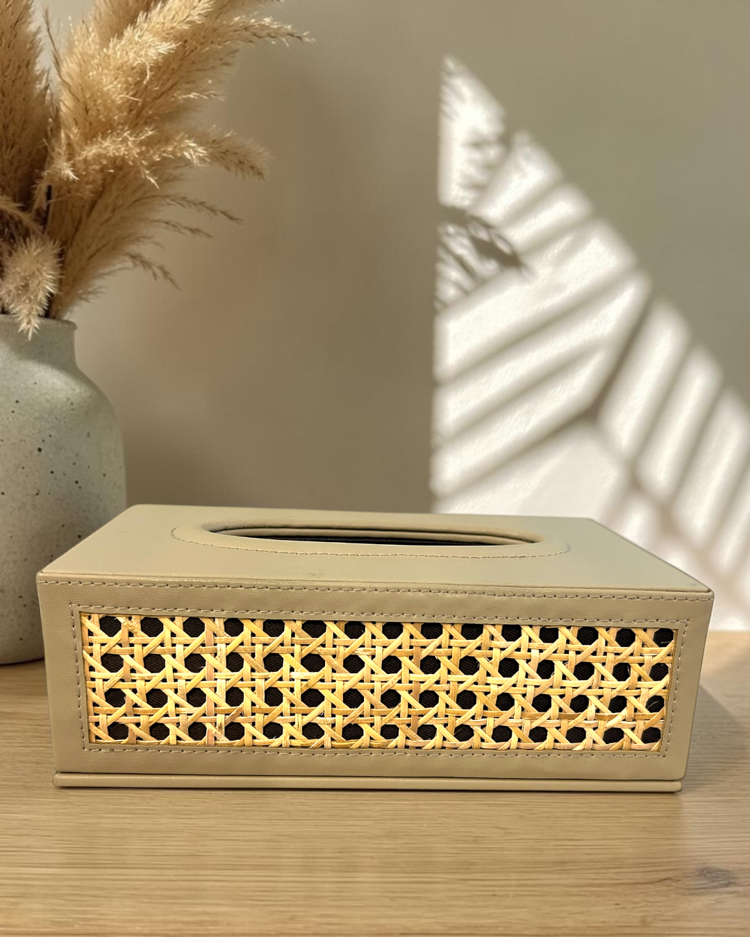 Luxury Natural Rattan Cane Tissue Box – Premium Vegan Leather & Suede Tissue Organizer for Home & Office | Luxury Rattan Cane Tissue Box Holder | Vegan Leather Tissue Organizer