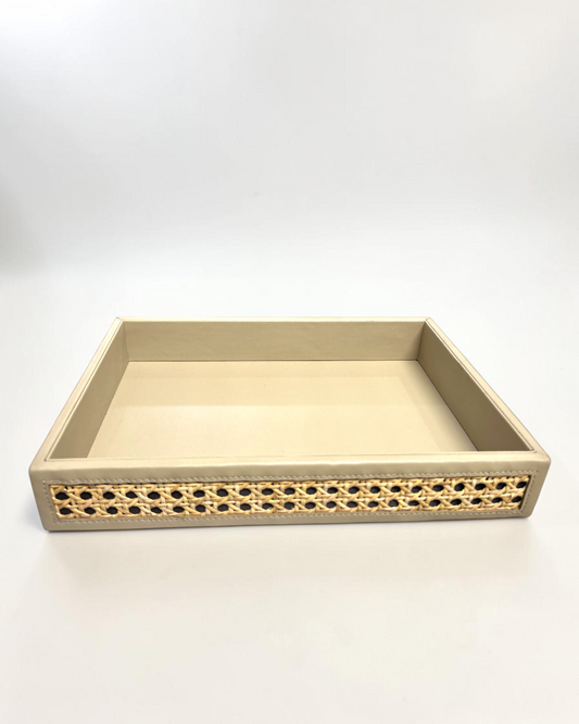 Luxury Vegan Leather & Natural Rattan Cane Tray – Premium Handmade Serving & Organizer Tray (Four-Side Cane Design)